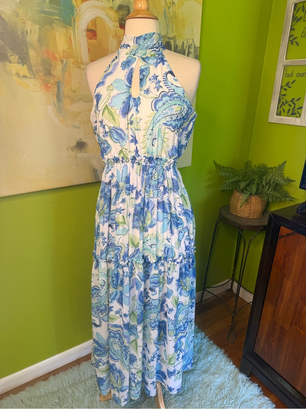 Nicole miller New York Blue & White Paisley Halter Maxi Dress